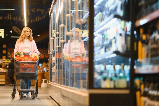 Frau schiebt einen Einkaufswagen durch einen Supermarkt